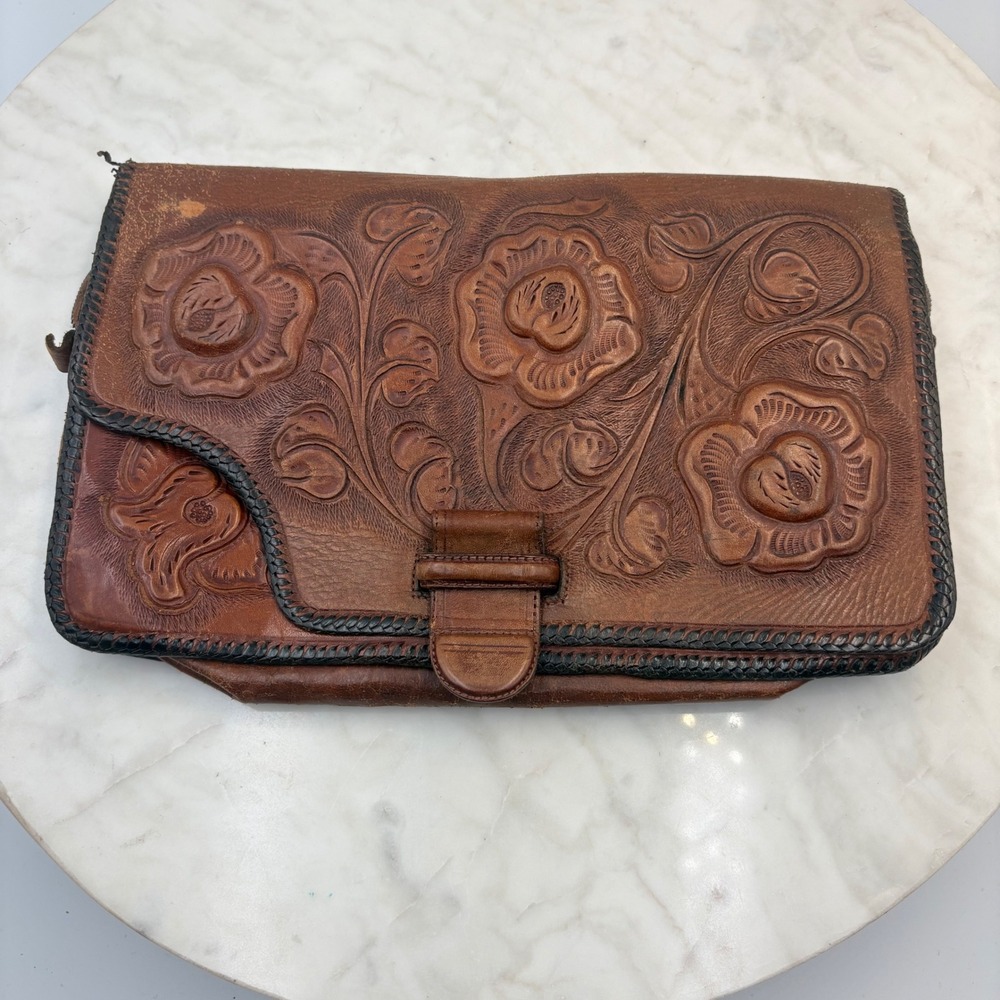 Tooled Leather Clutch Women Brown Floral Western Whipstitch FLAW
